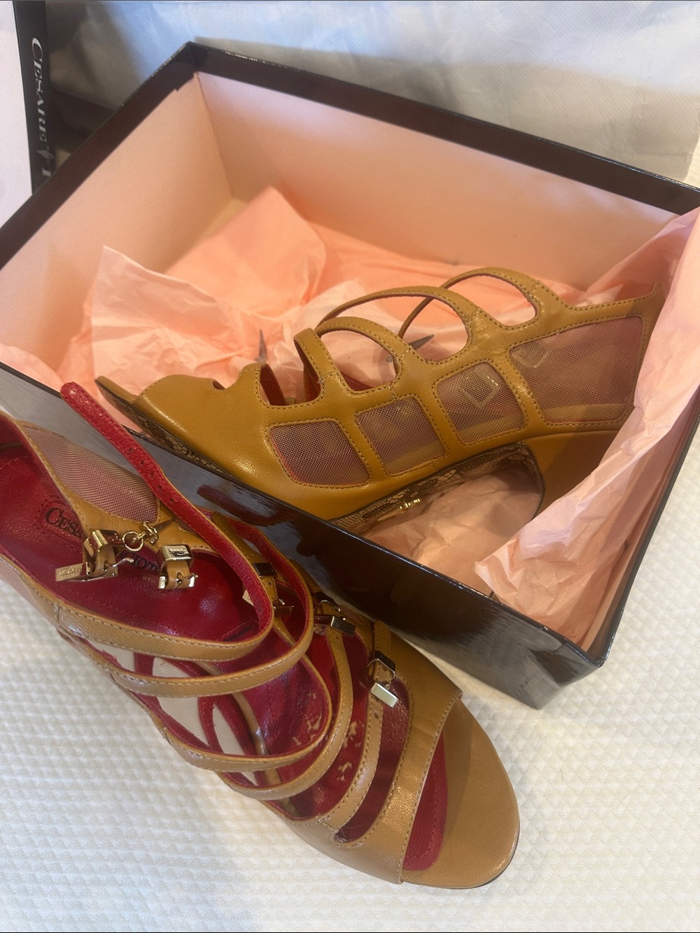 Women's Two-Tone Strappy High Heel Sandals in Mustard and Red size 38 1/2